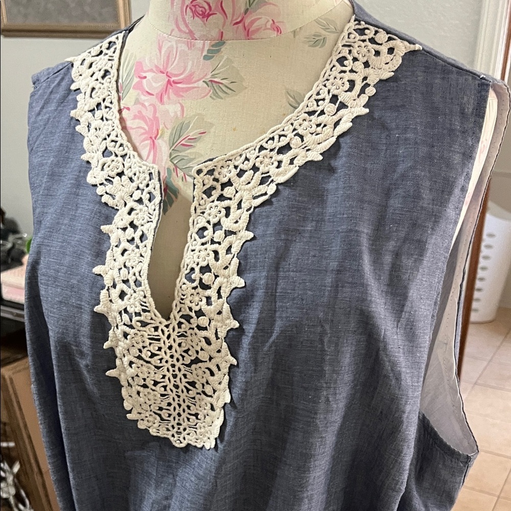 Mud Pie Blue Tunic Dress 💯 Cotton with White Lace Accents SZ XL